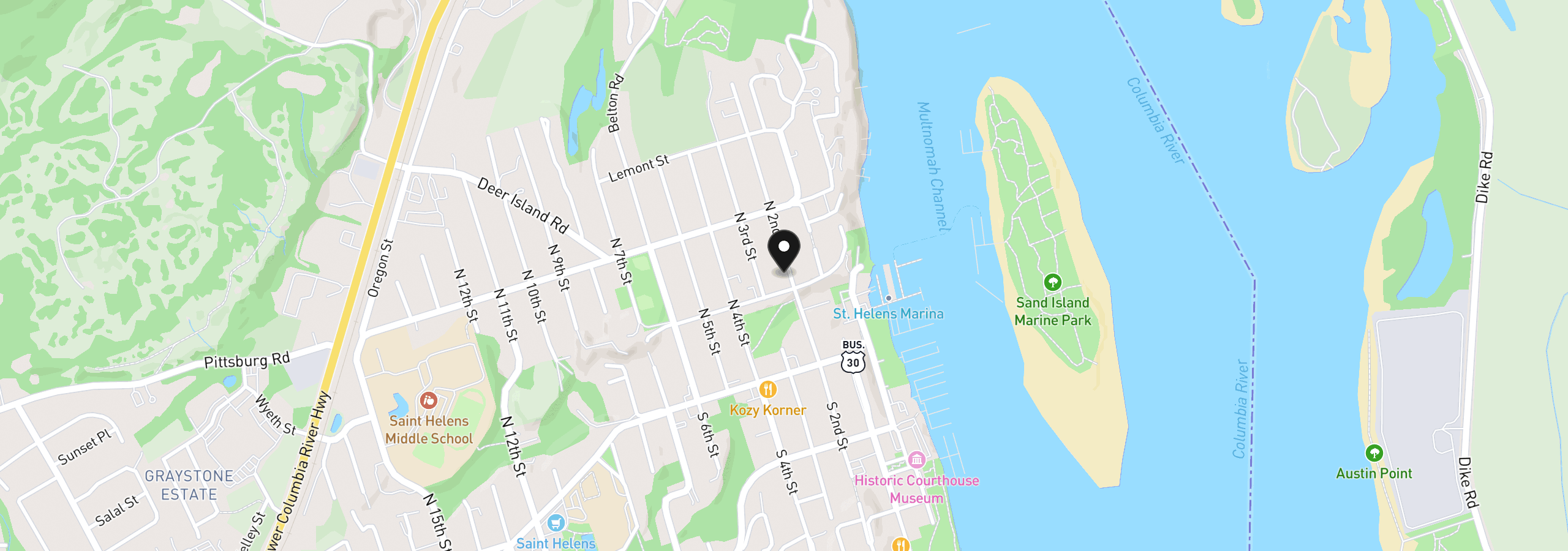 Map showing the location of 215 N 2nd St, St. Helens, OR 97051