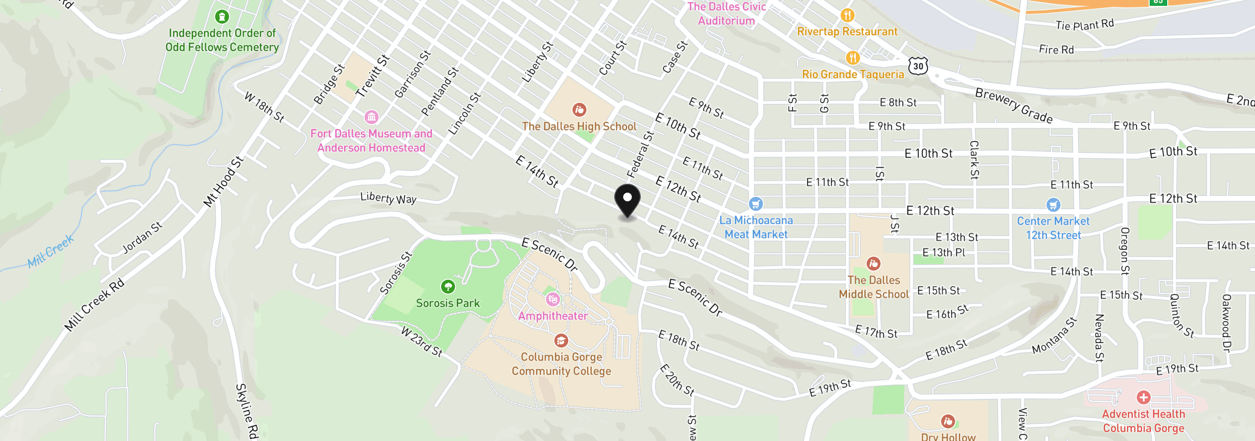 Map showing the location of 410 E 14th St, The Dalles, OR 97058