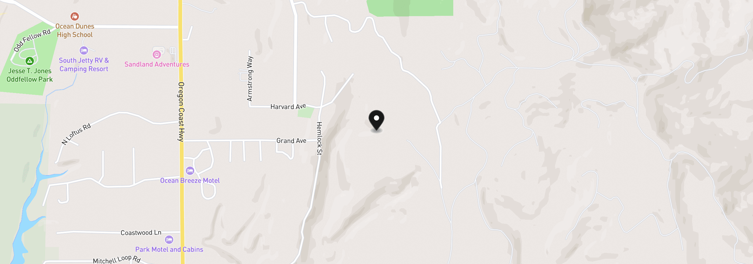 Map showing the location of Grand Ave 600, Florence, OR 97439