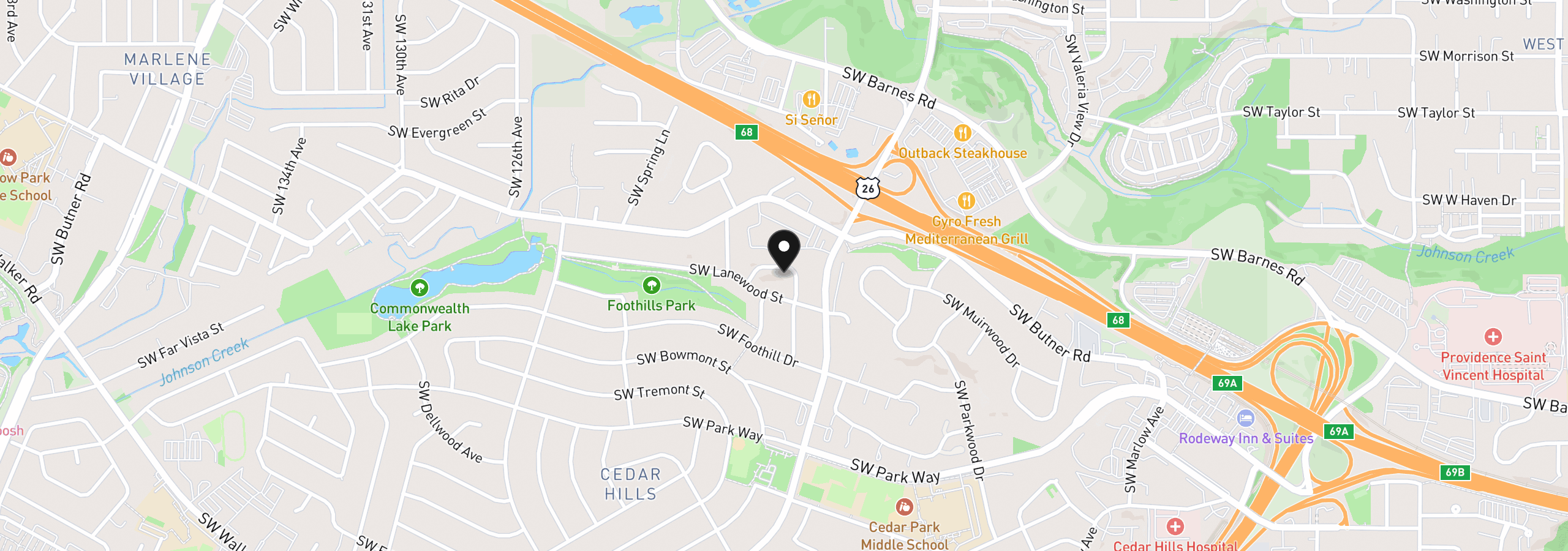 Map showing the location of 1085 SW Hillcroft Ave, Portland, OR 97225