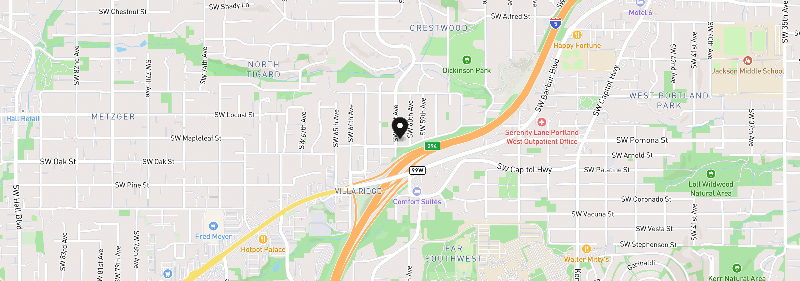 Map showing the location of 11074 SW 61st Ave 3, Portland, OR 97219