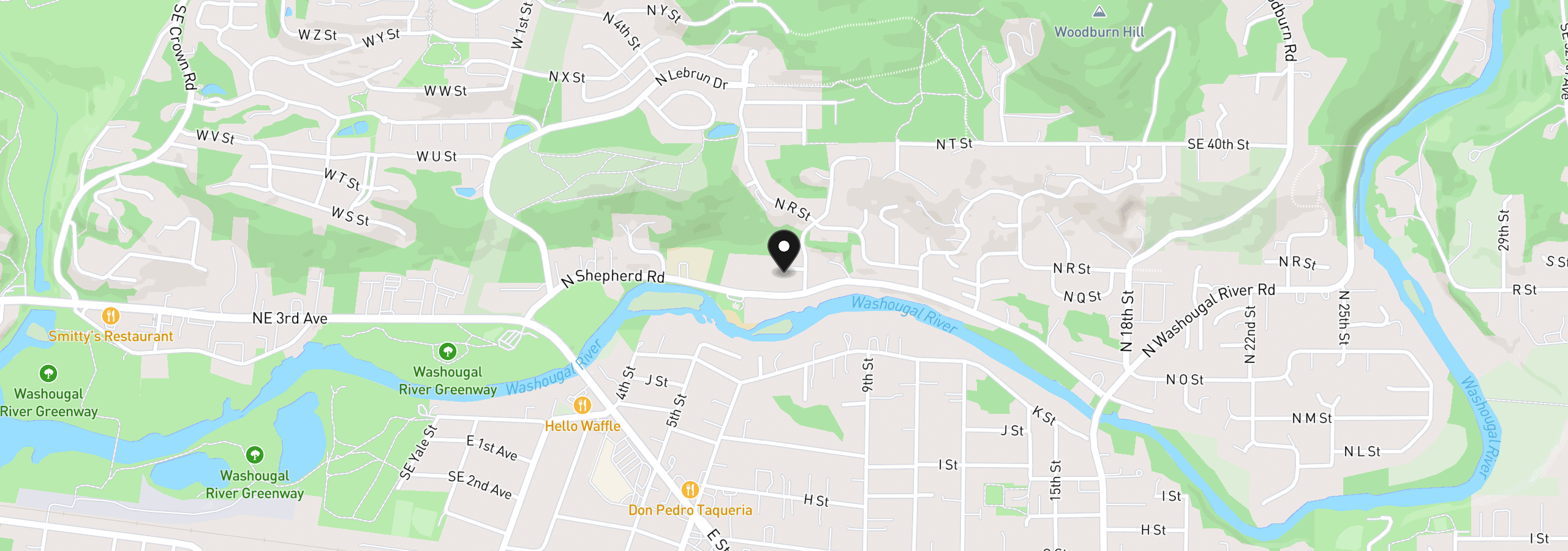 Map showing the location of 750 N P St, Washougal, Wa 98671