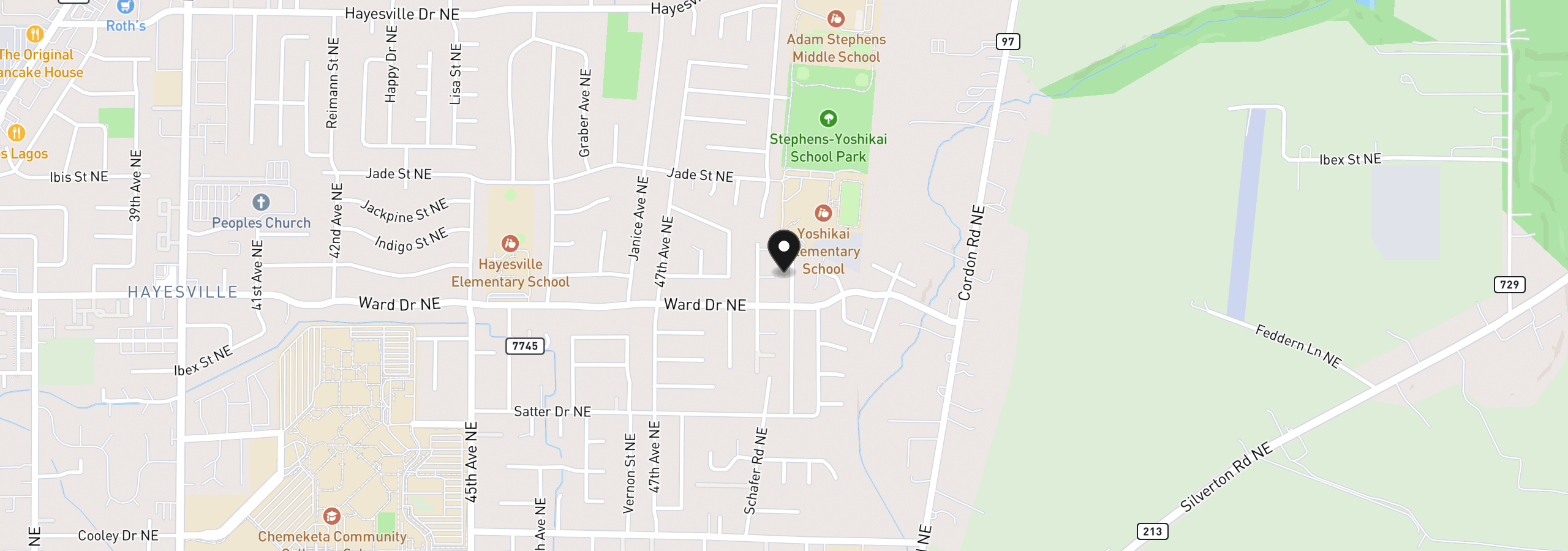 Map showing the location of 4445 Great Plains Dr NE, Salem, OR 97301