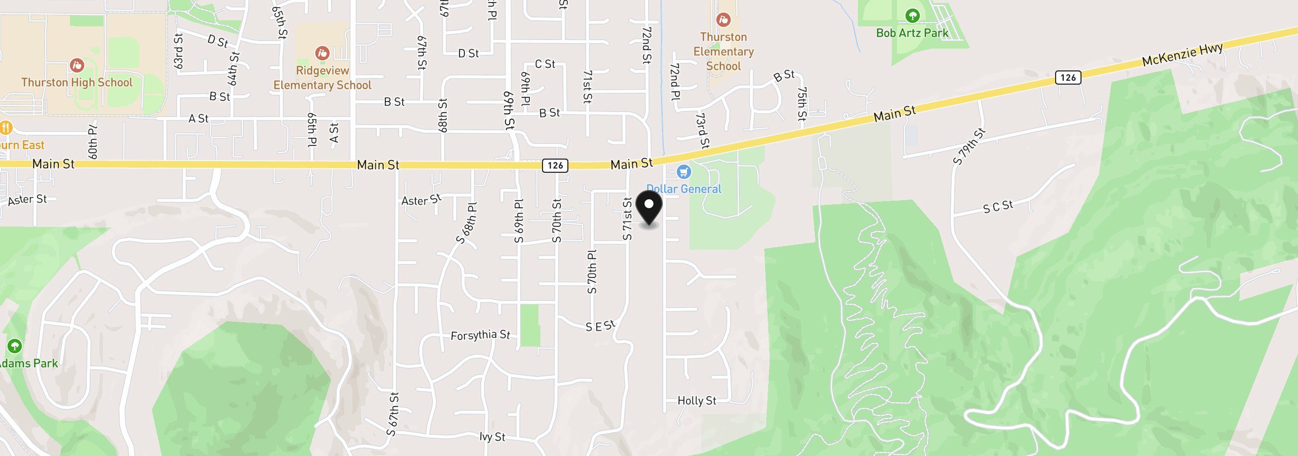Map showing the location of 279 S 71st St, Springfield, OR 97478