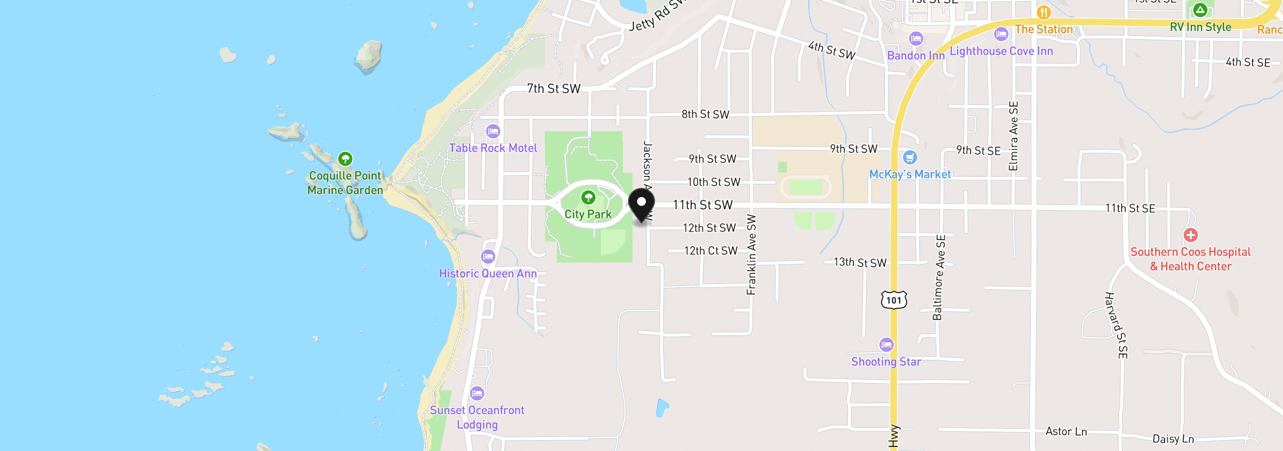 Map showing the location of 1182 Jackson Ave, Bandon, OR 97411