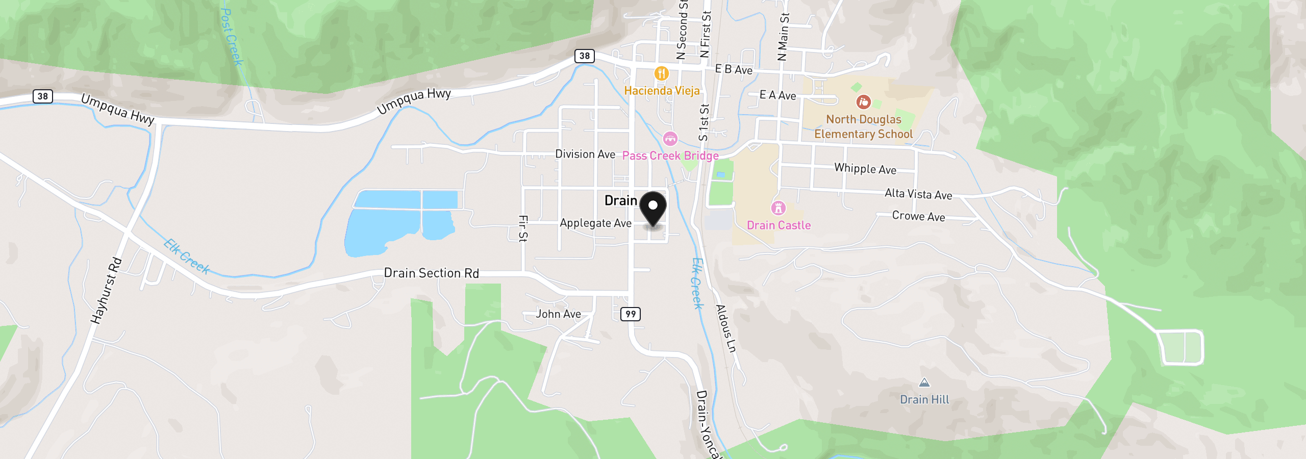 Map showing the location of 317 Applegate Ave, Drain, OR 97435