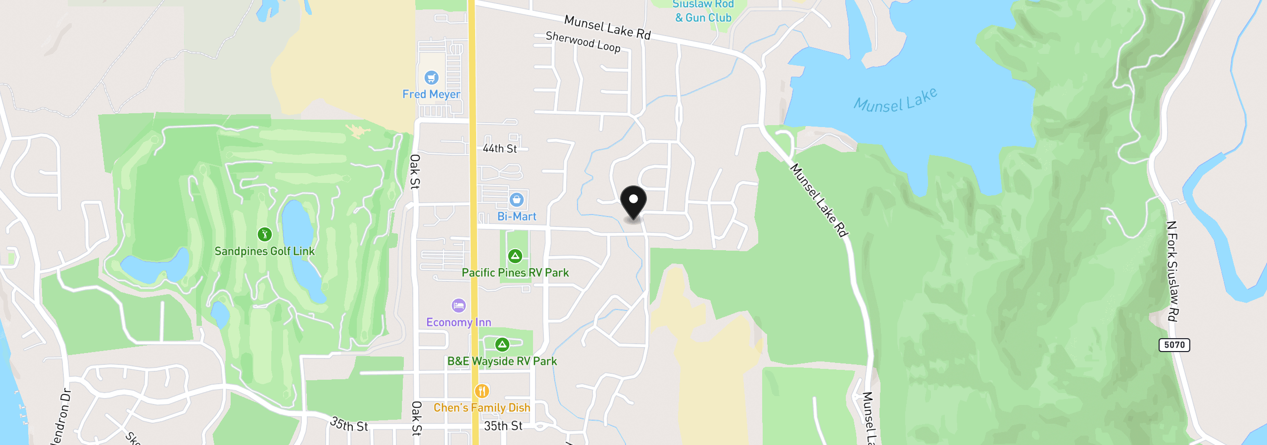 Map showing the location of 249 Munsel Creek Loop, Florence, OR 97439