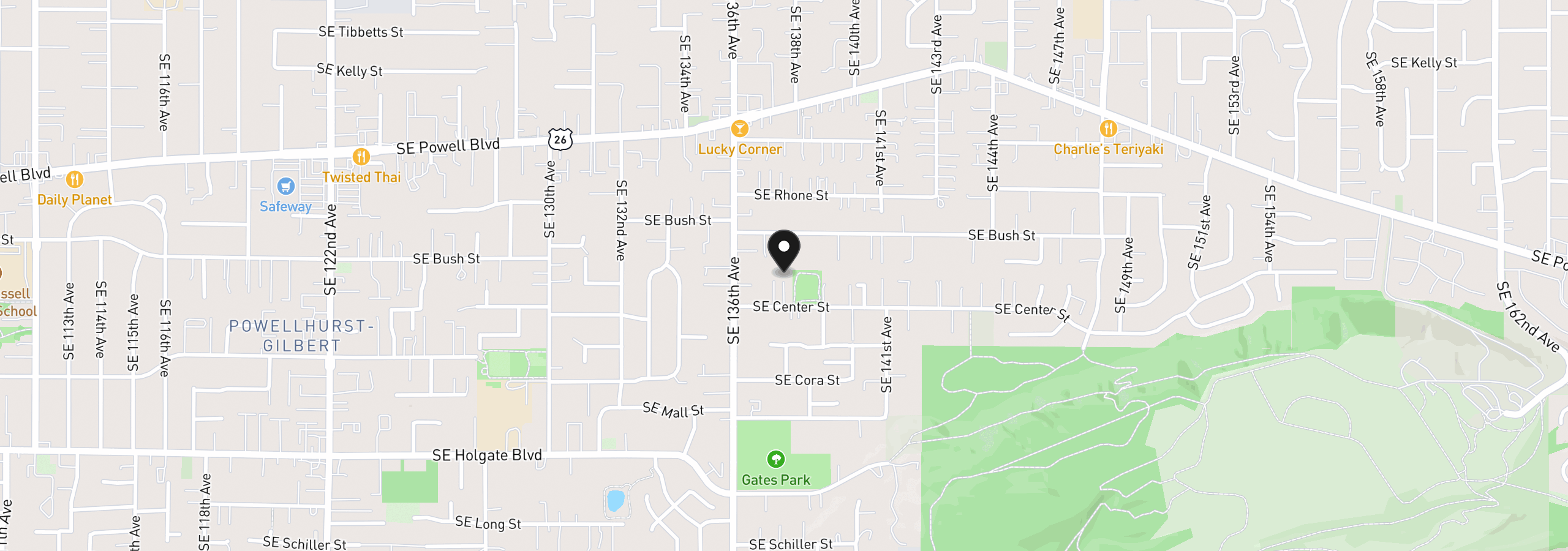 Map showing the location of 13725 SE Center St, Portland, OR 97236
