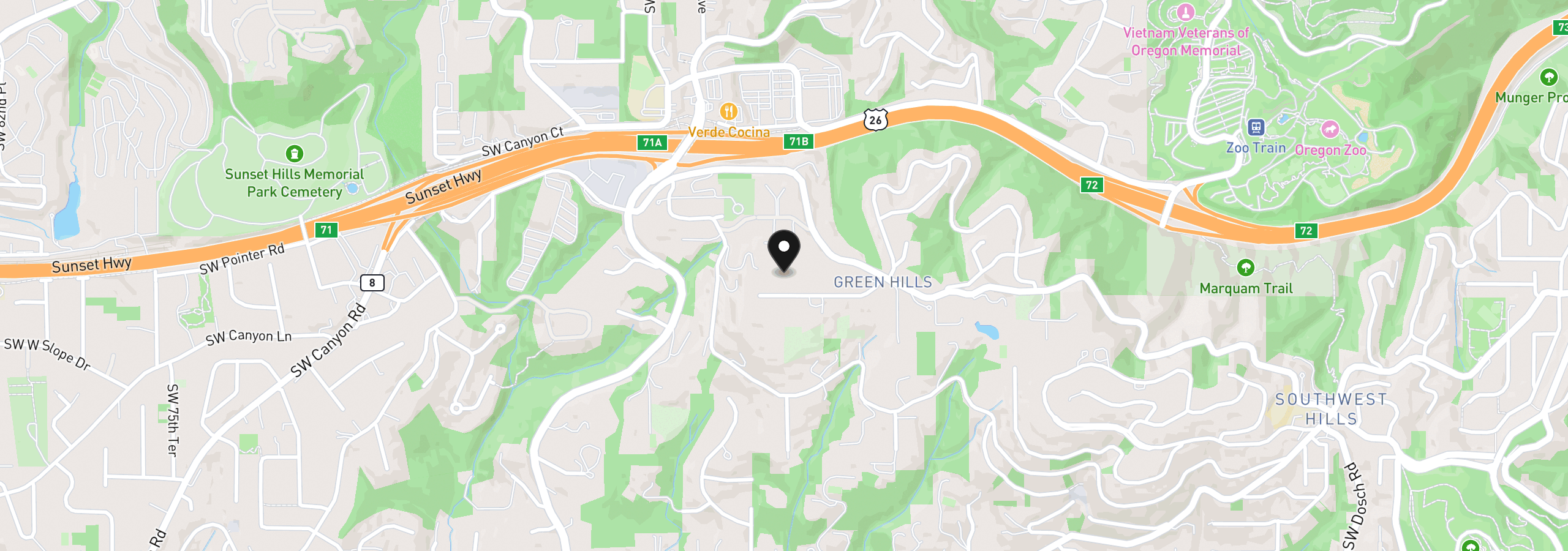 Map showing the location of 5050 SW Hilltop Ln, Portland, OR 97221