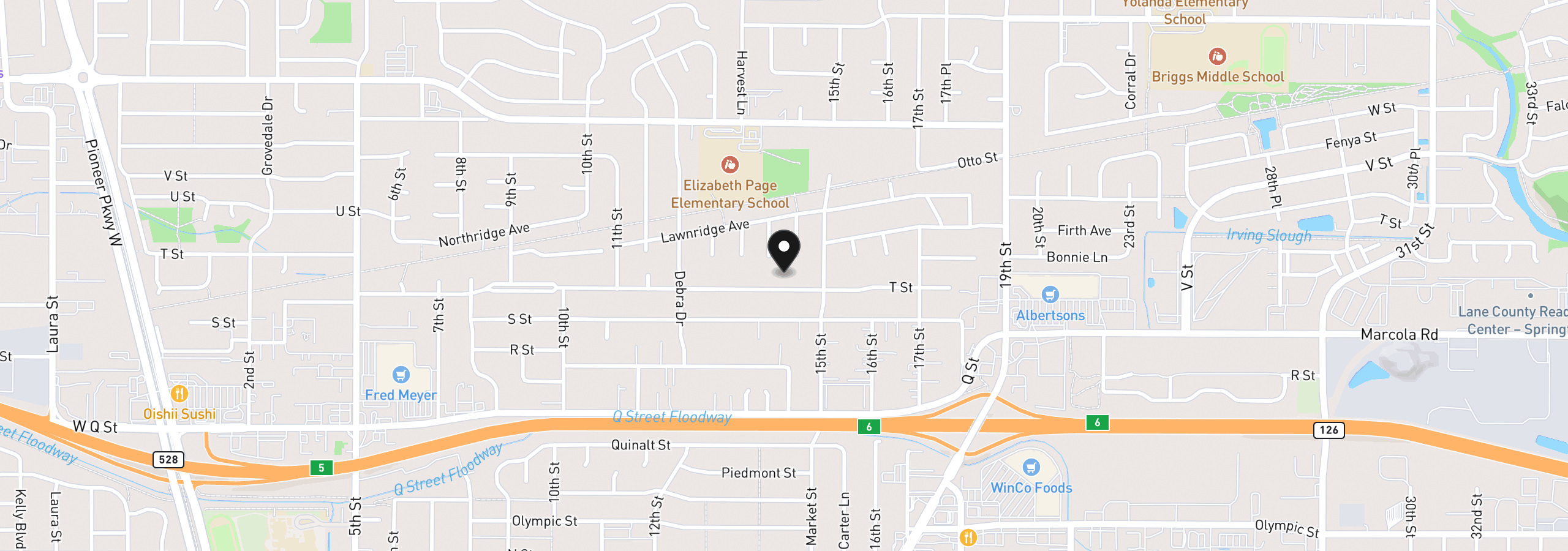 Map showing the location of 1424 T St, Springfield, OR 97477
