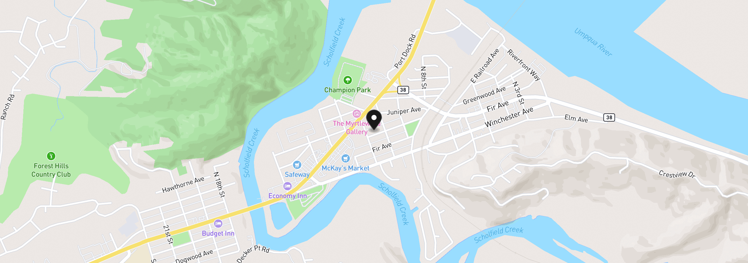 Map showing the location of 1057 Greenwood Ave, Reedsport, OR 97467