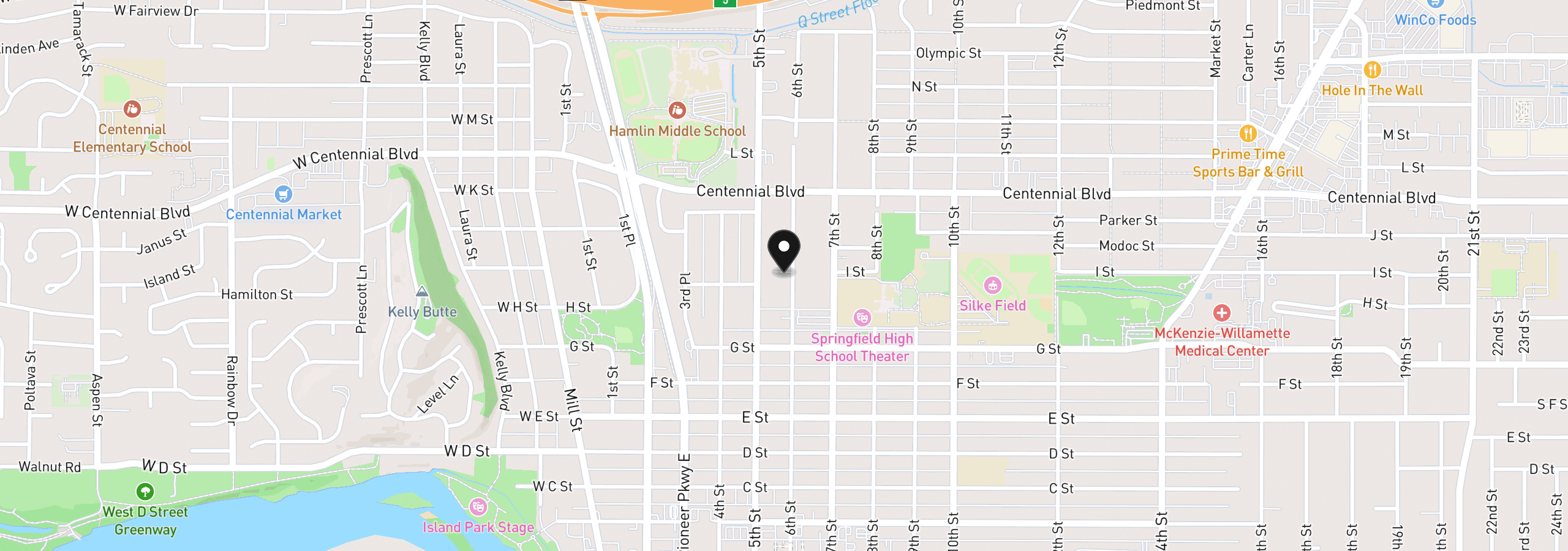 Map showing the location of 998 N 6th St, Springfield, OR 97477