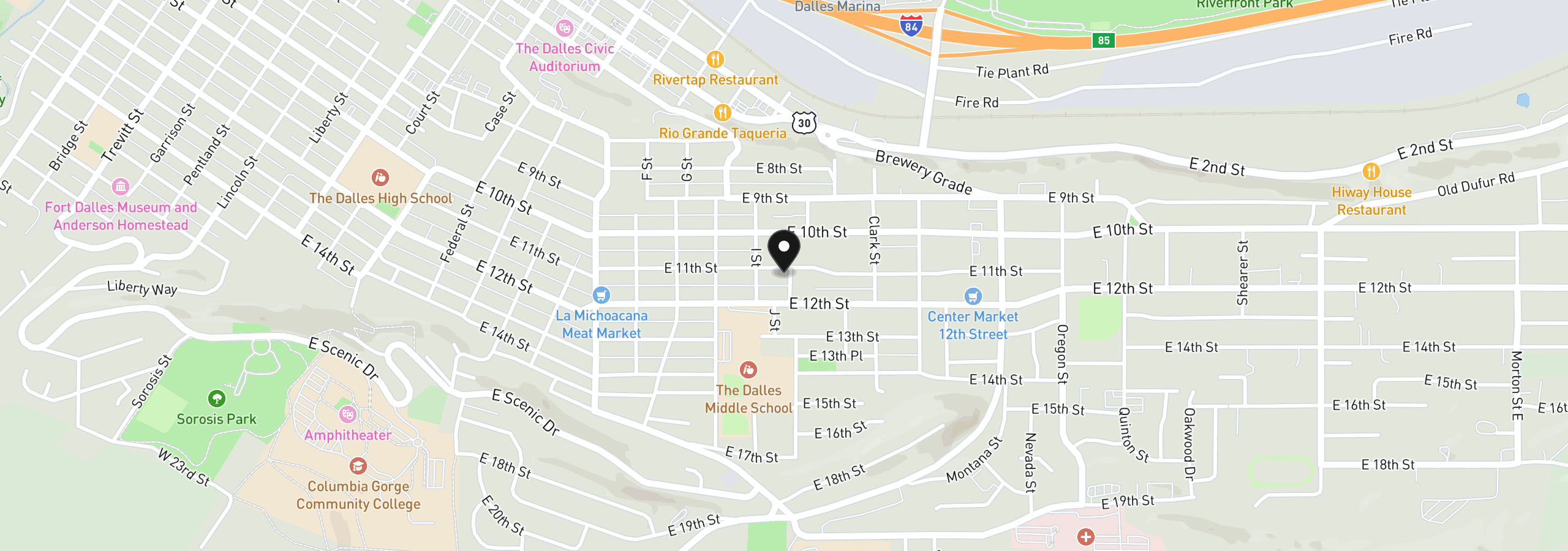 Map showing the location of 1218 E 11th St, The Dalles, OR 97058