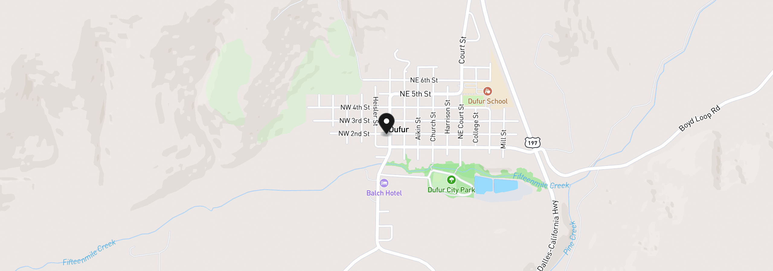 Map showing the location of 181 N Main St, Dufur, OR 97021