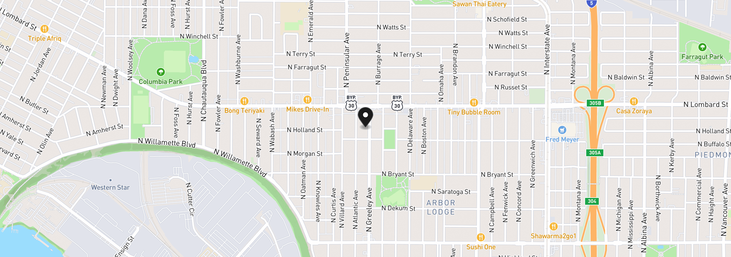 Map showing the location of 7237 N Greeley Ave N, Portland, OR 97217