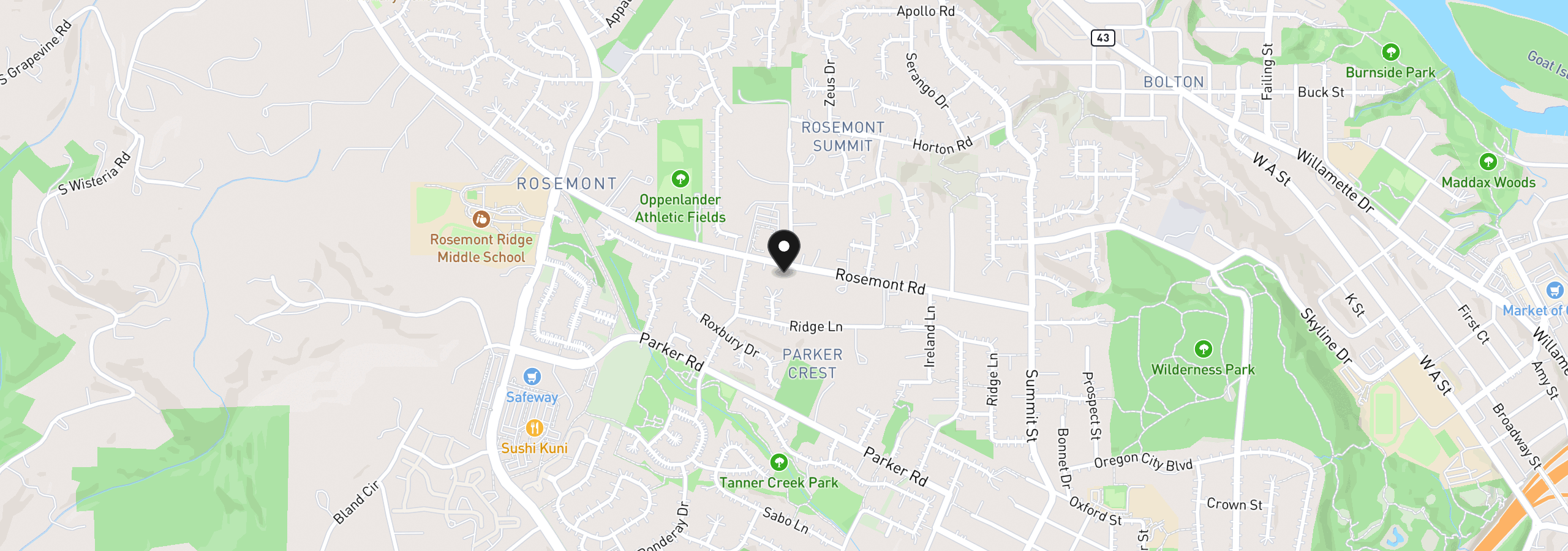 Map showing the location of 1388 Rosemont Rd, West Linn, OR 97068