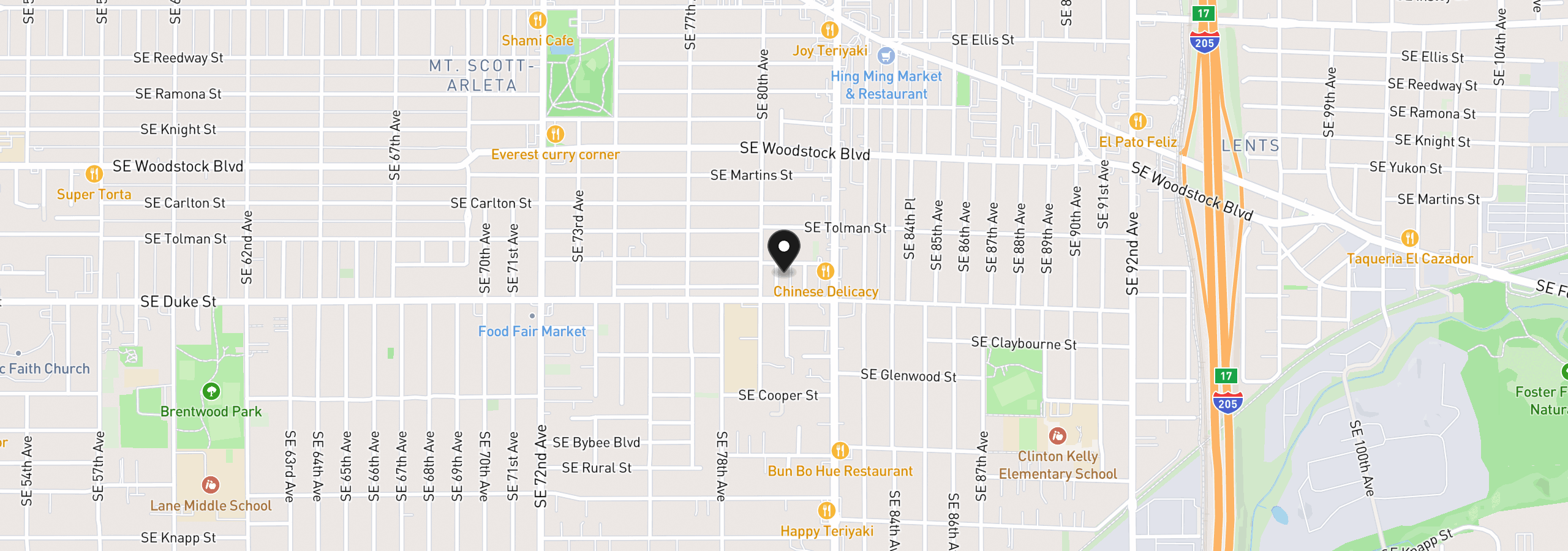 Map showing the location of 6416 SE 80th Pl, Portland, OR 97206