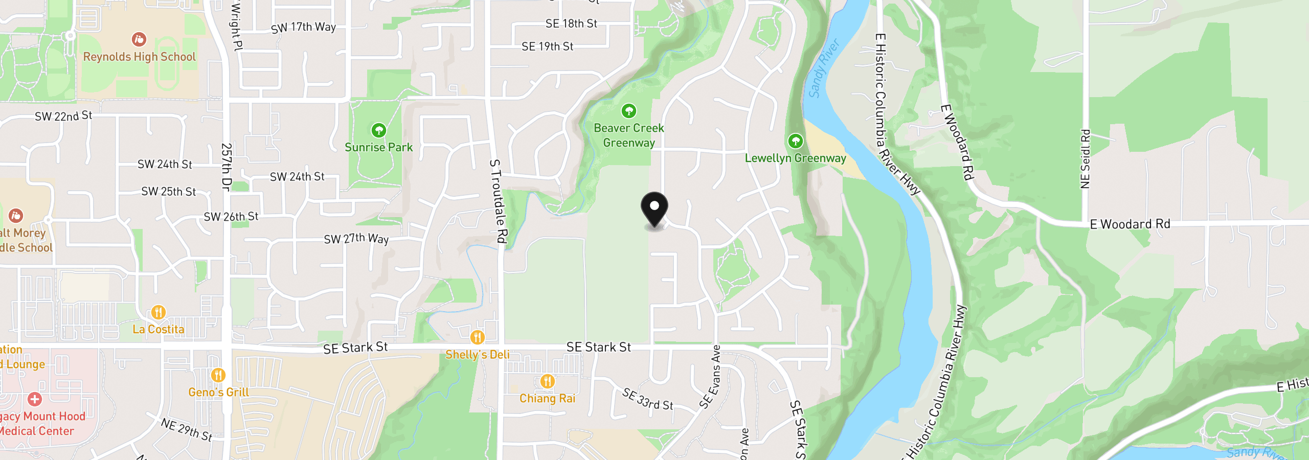 Map showing the location of 2613 SE Evans Ave, Troutdale, OR 97060