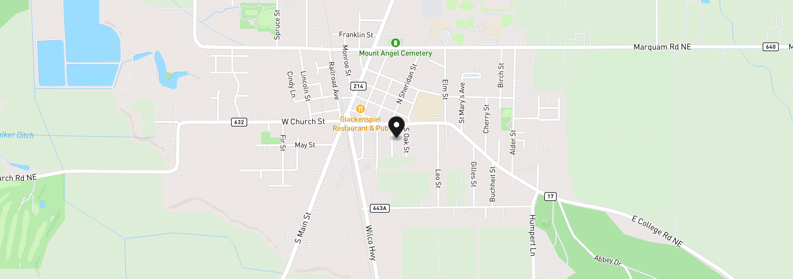 Map showing the location of 150 S Sheridan St, Mt. Angel, OR 97362