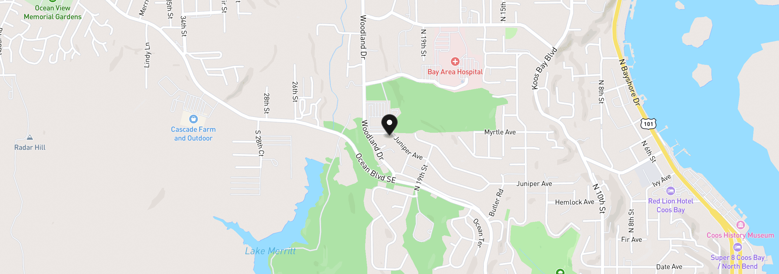 Map showing the location of 2193 Juniper Ave, Coos Bay, OR 97420