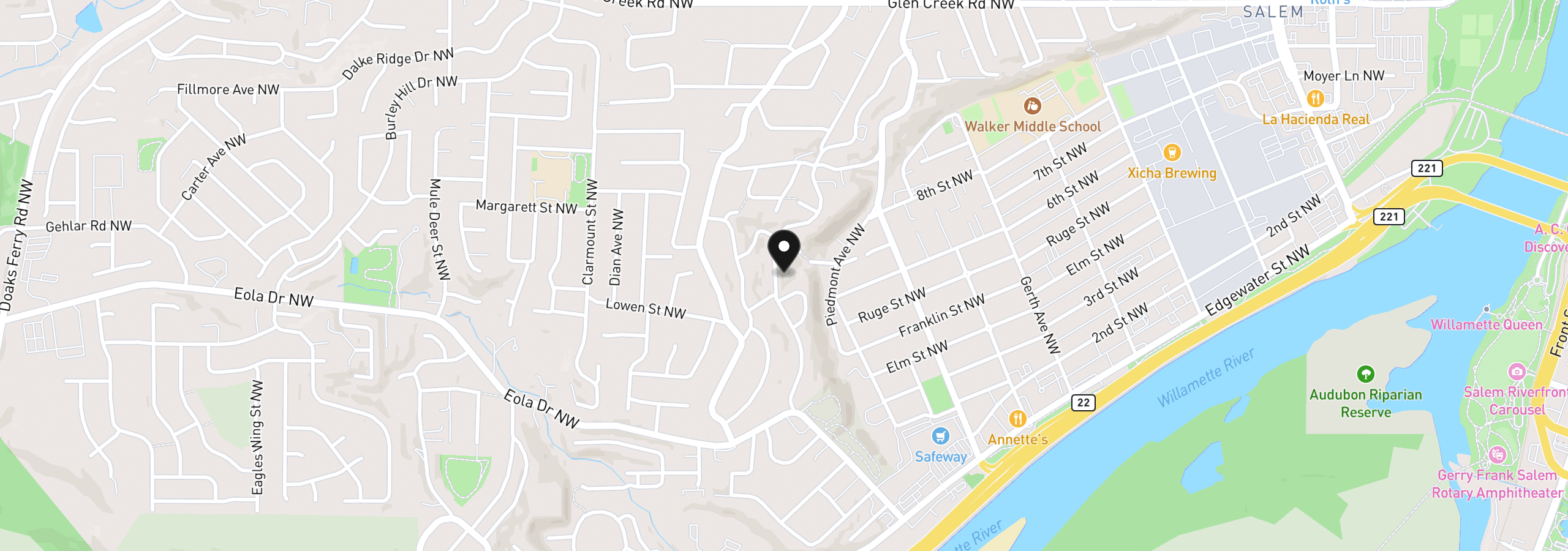 Map showing the location of 734 Cascade Dr NW, Salem, OR 97304