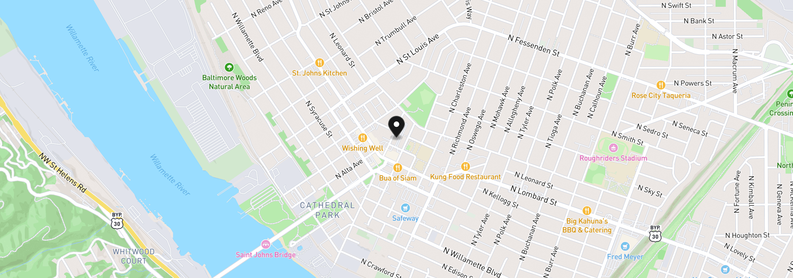 Map showing the location of 7534 N Burlington Ave, Portland, OR 97203