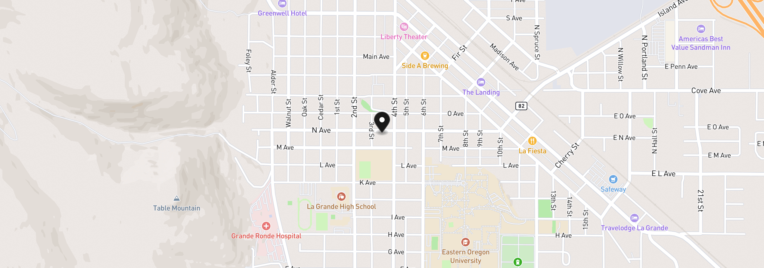 Map showing the location of 906 N Ave, La Grande, OR 97850