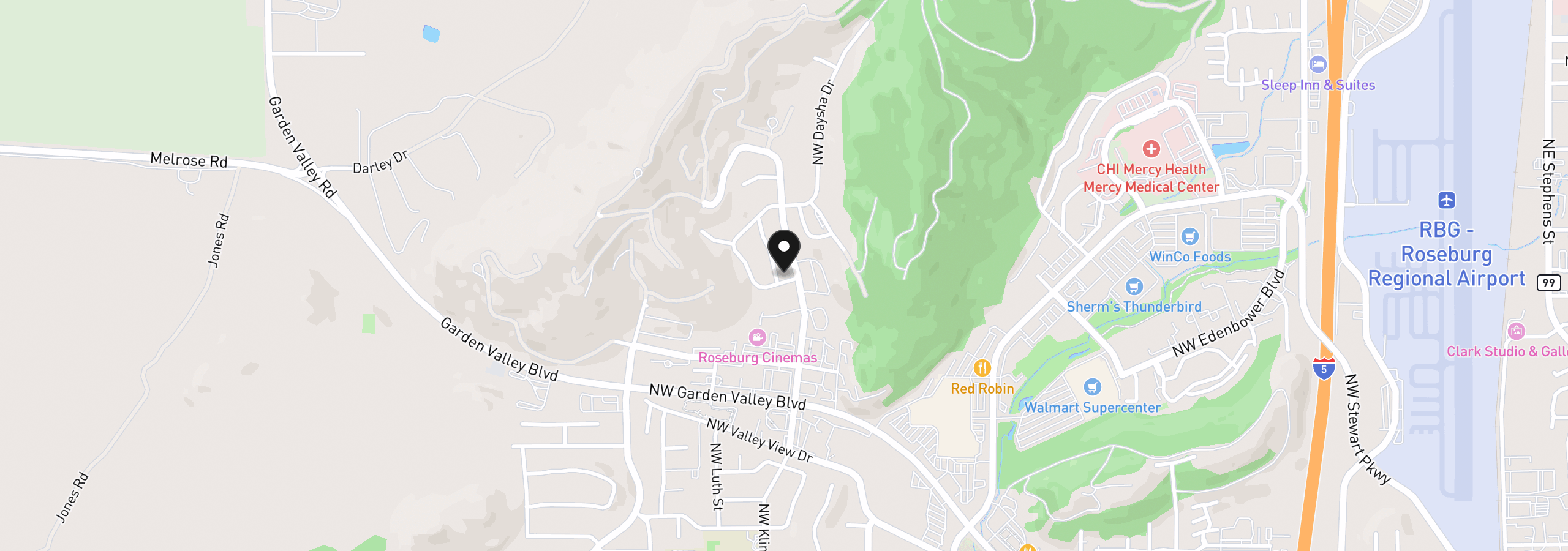 Map showing the location of 107 Woodoak Dr, Roseburg, OR 97471
