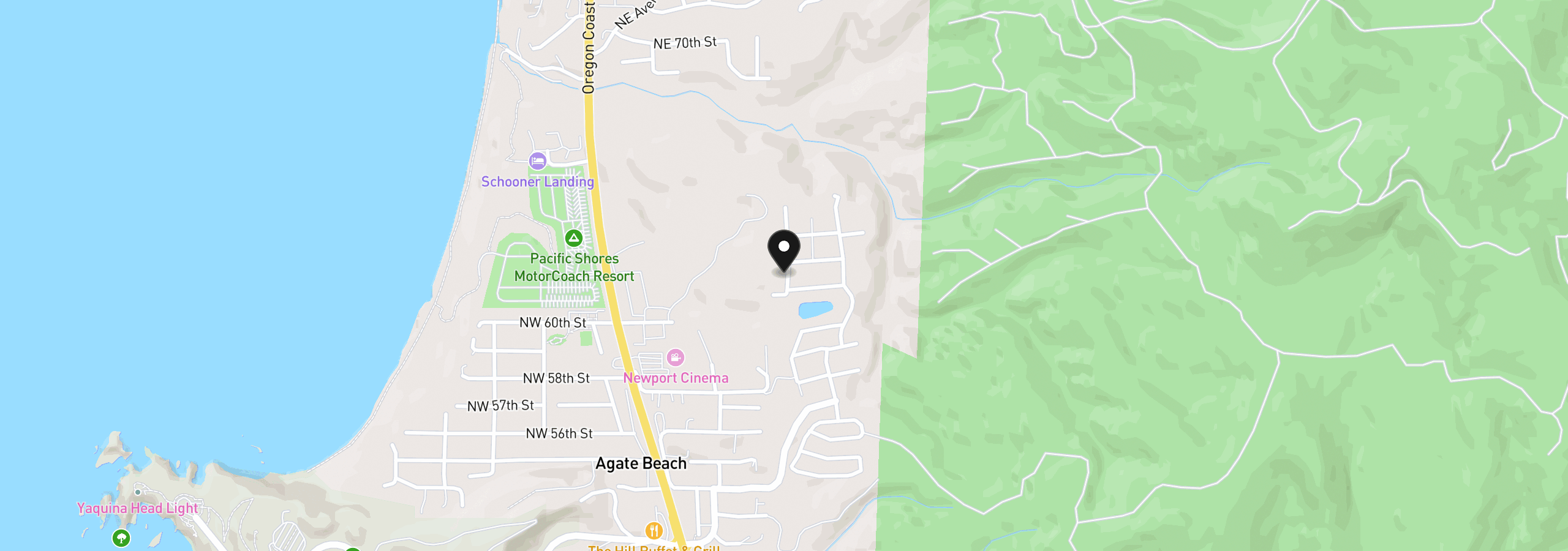 Map showing the location of 6250 NE Evergreen Ln, Newport, OR 97365