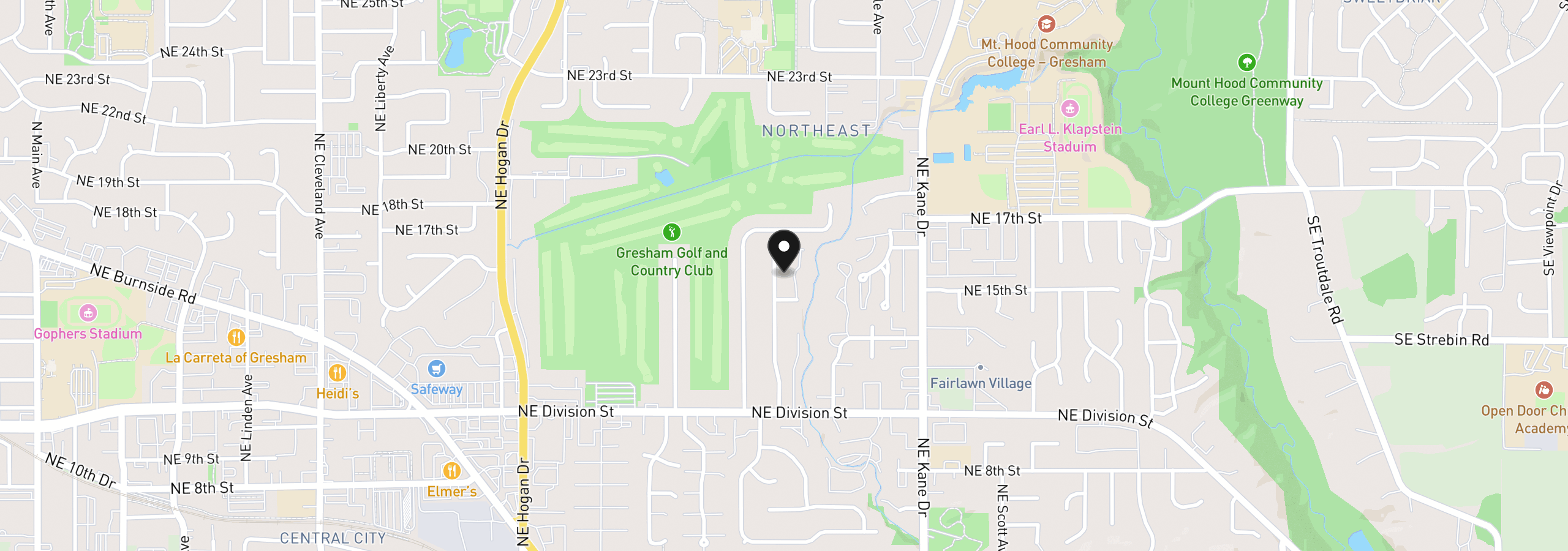 Map showing the location of 1504 NE Village Squire Ct, Gresham, OR 97030