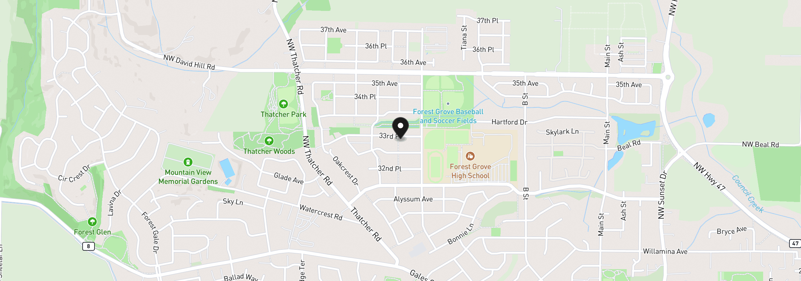 Map showing the location of 1204 33rd Pl, Forest Grove, OR 97116