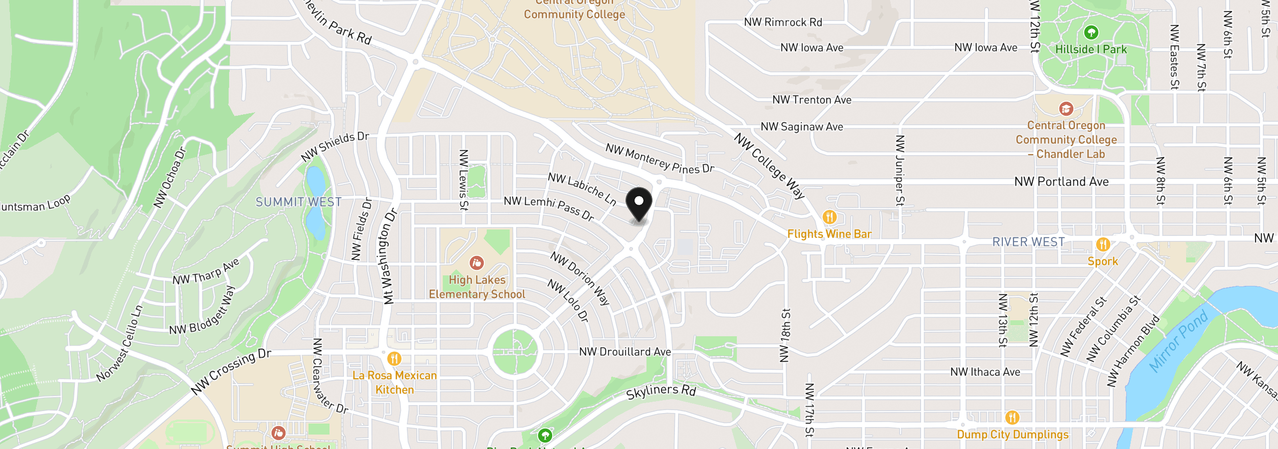 Map showing the location of 2424 NW Crossing Dr, Bend, OR 97703