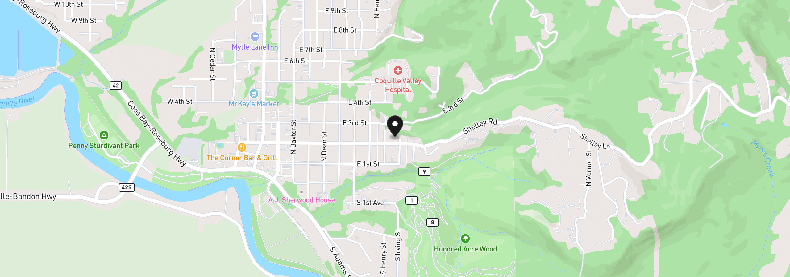 Map showing the location of 880 E 2nd St, Coquille, OR 97423