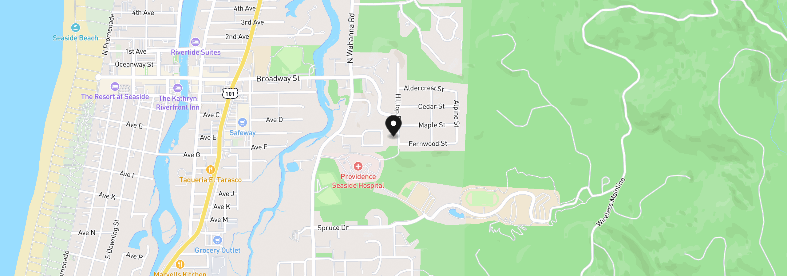 Map showing the location of 360 Hilltop Dr, Seaside, OR 97138