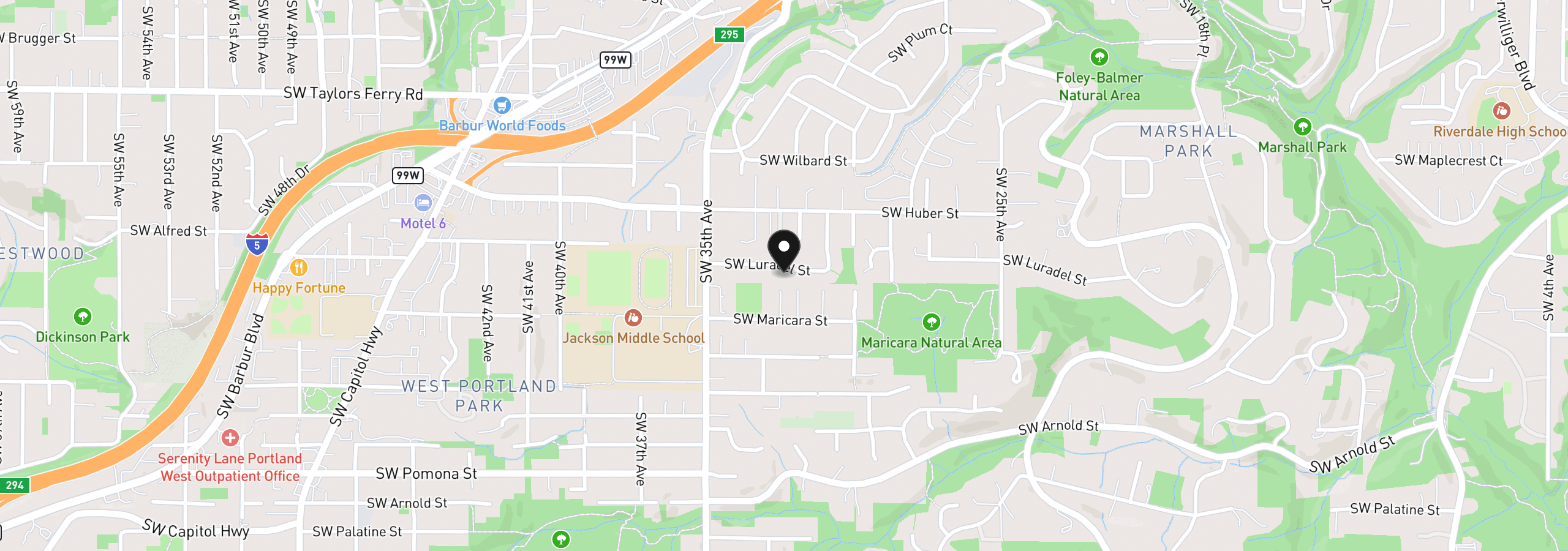 Map showing the location of 3220 SW Luradel St, Portland, OR 97219
