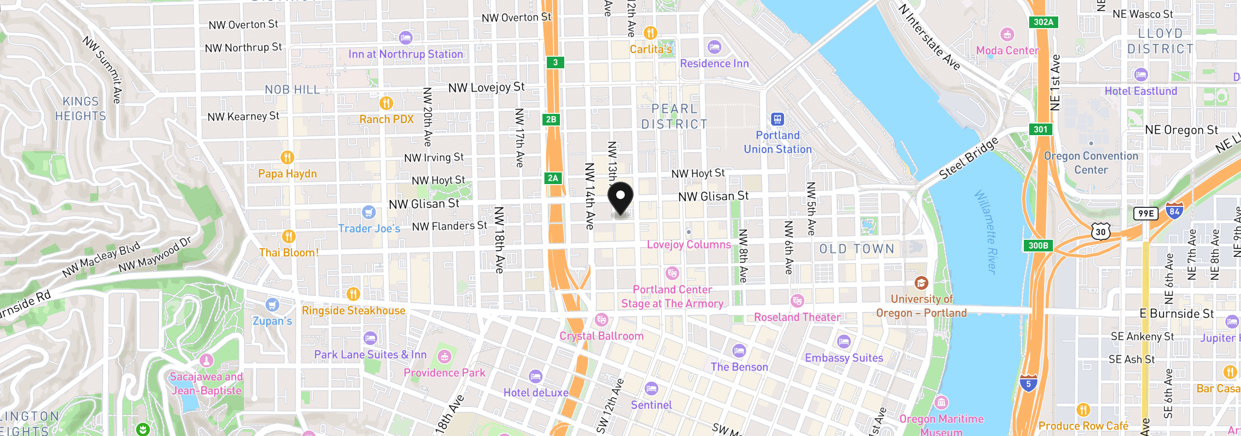 Map showing the location of 416 NW 13th Ave 303, Portland, OR 97209