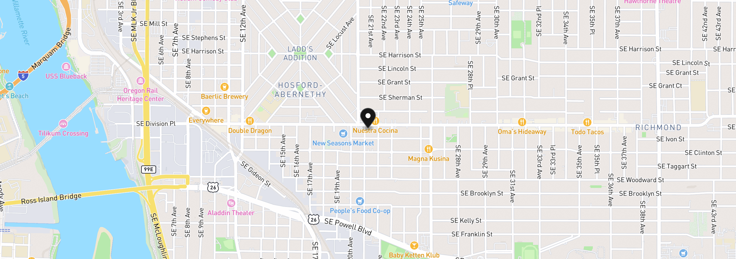 Map showing the location of 2514 SE 21st Ave, Portland, OR 97202