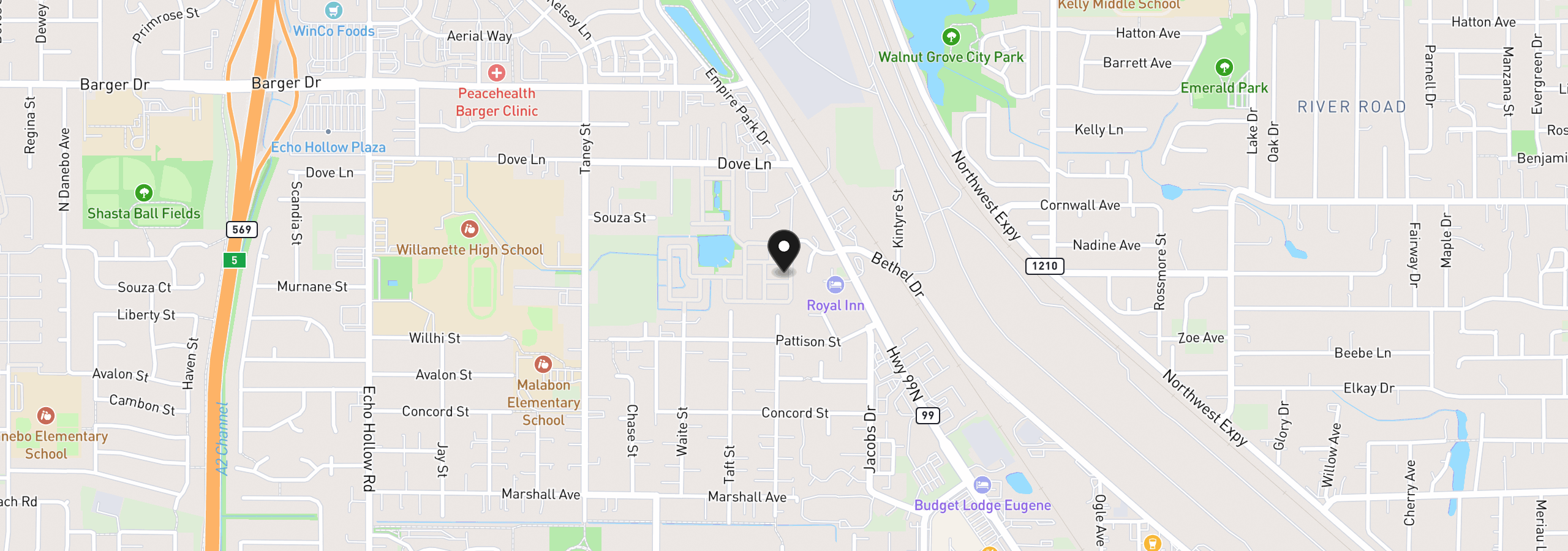 Map showing the location of 1800 Lakewood Ct 59, Eugene, OR 97402