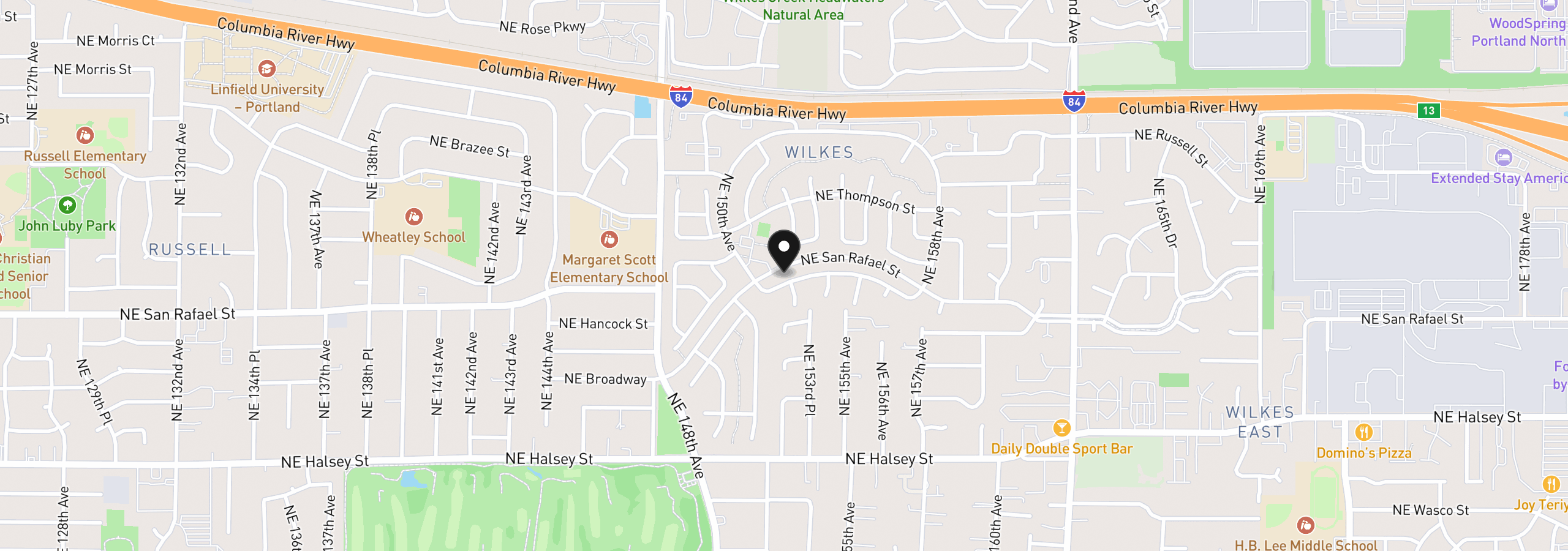 Map showing the location of 15139 NE Summerplace Dr, Portland, OR 97230