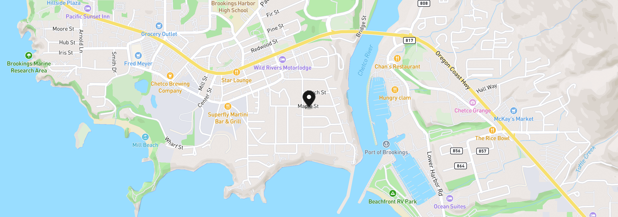 Map showing the location of 321 Maple St, Brookings, OR 97415