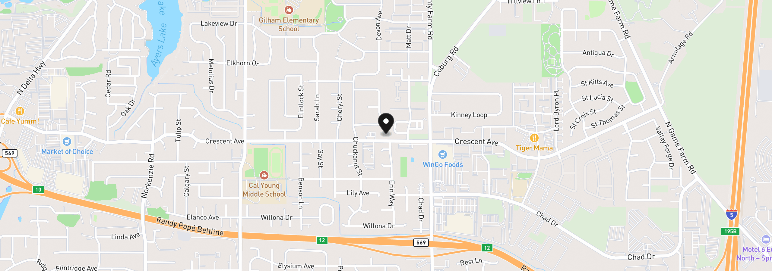 Map showing the location of 2595 Crescent Ave, Eugene, OR 97408