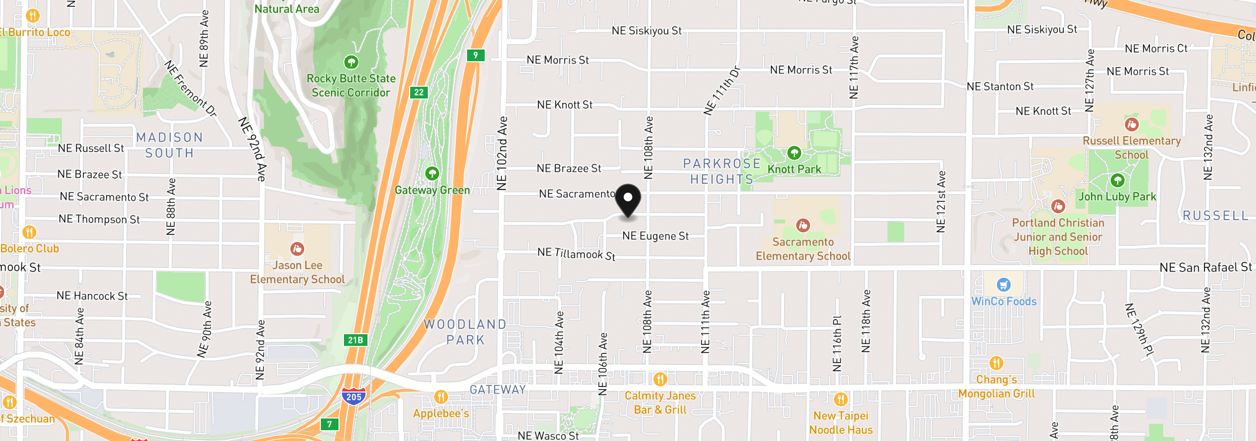 Map showing the location of 10722 NE Thompson St, Portland, OR 97220