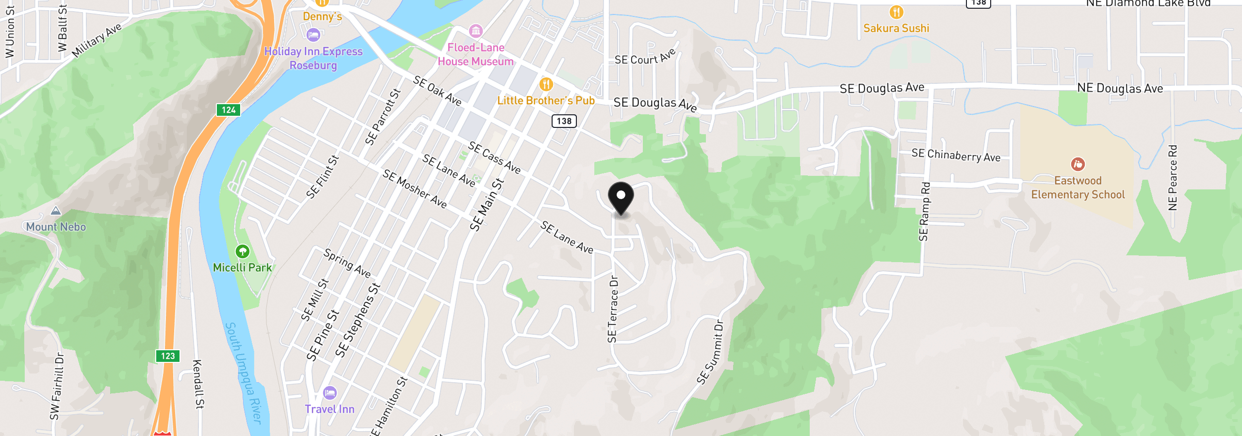 Map showing the location of 625 SE Terrace Dr, Roseburg, OR 97470