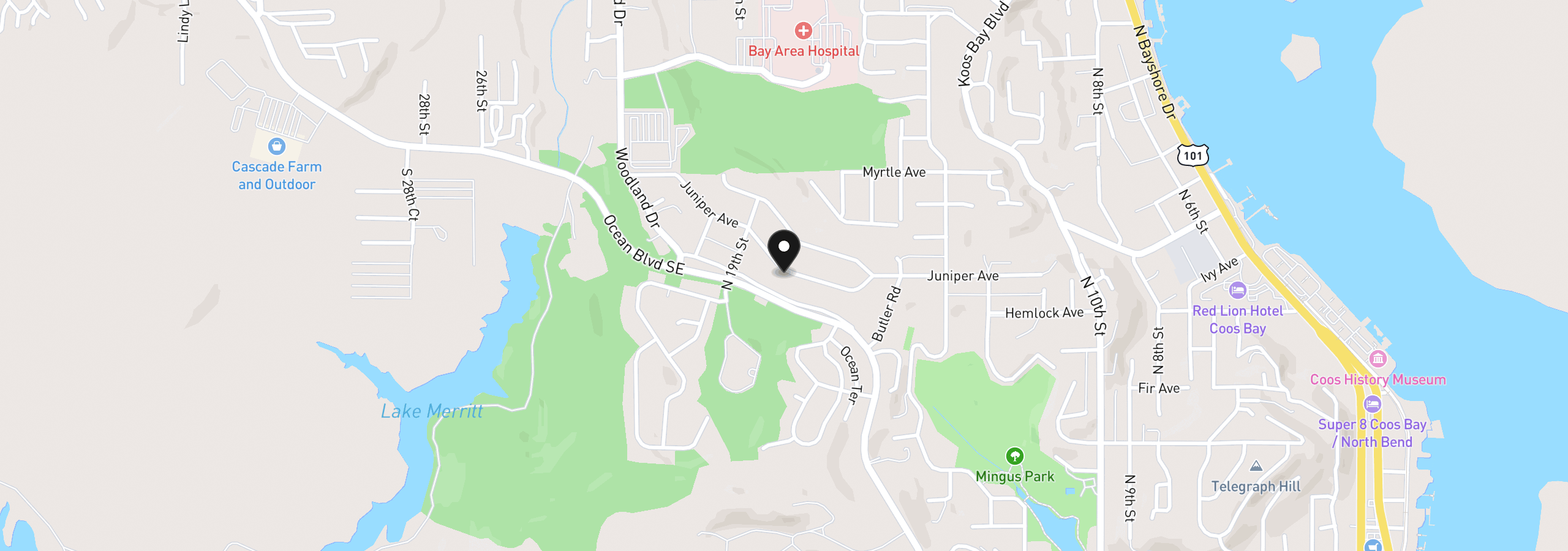 Map showing the location of 1803 Juniper Ave, Coos Bay, OR 97420