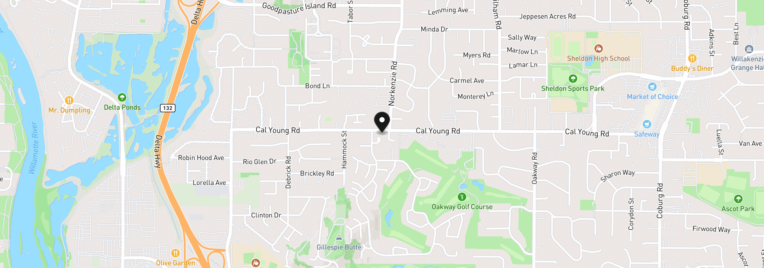 Map showing the location of 1578 Cal Young Rd, Eugene, OR 97401