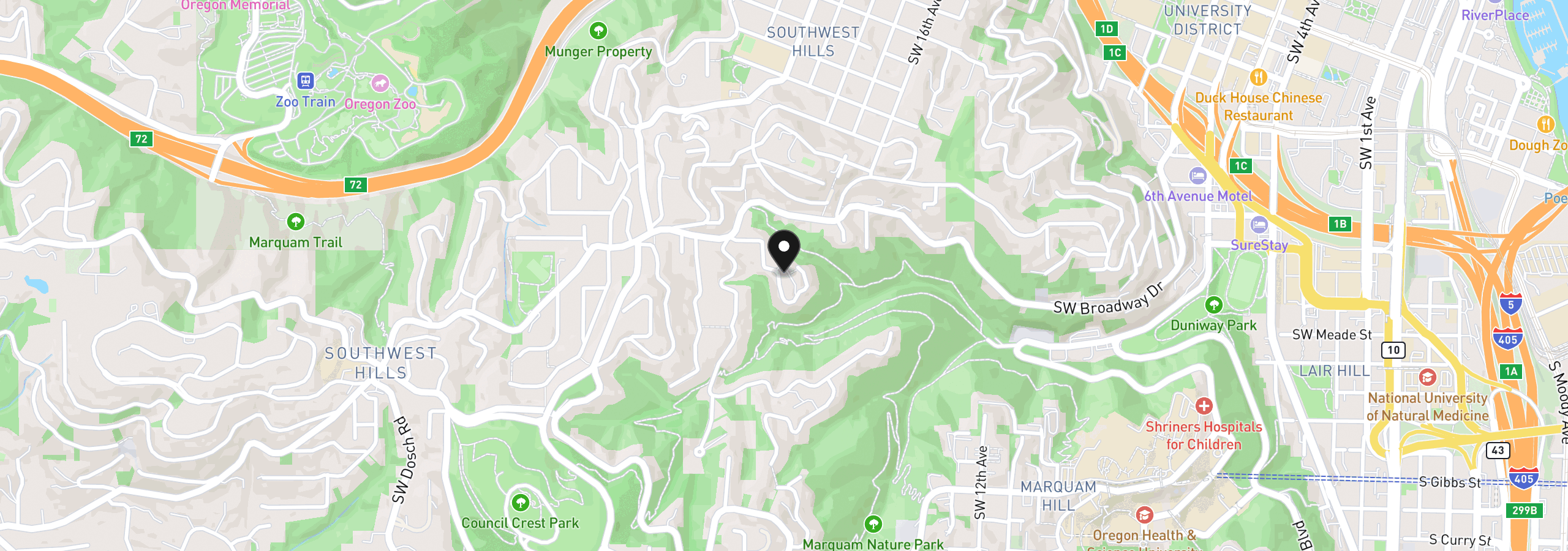 Map showing the location of 1975 SW Edgewood Rd, Portland, OR 97201
