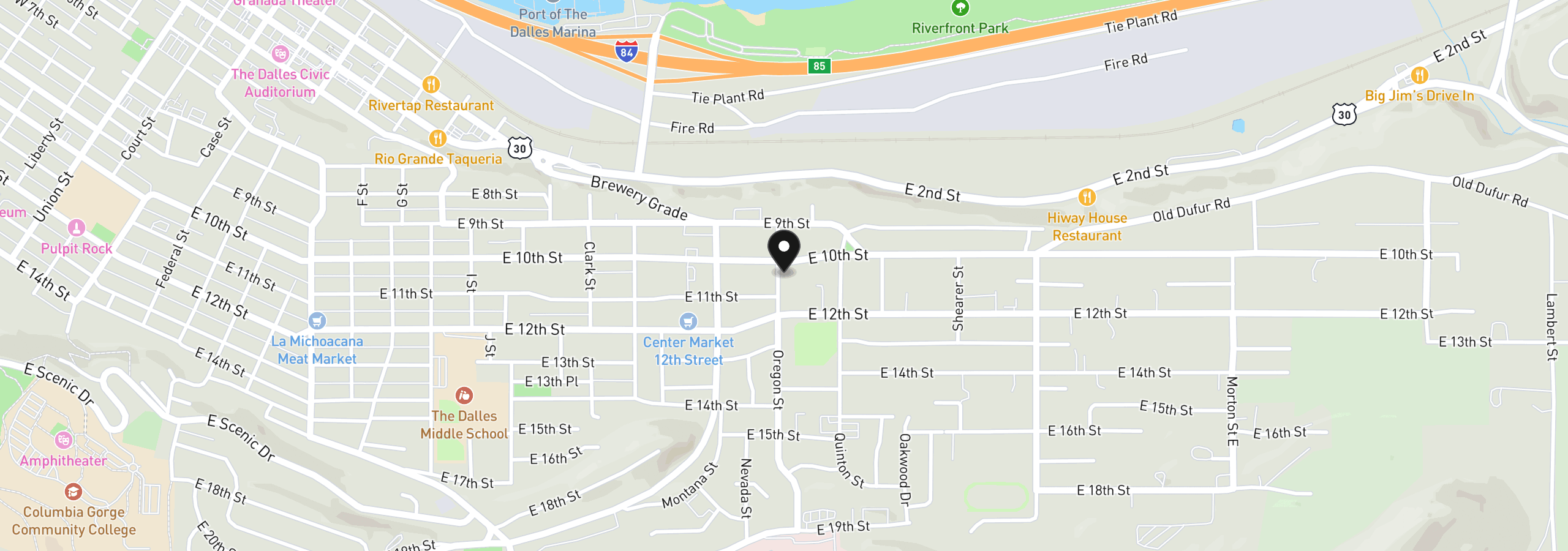 Map showing the location of 1106 Oregon St, The Dalles, OR 97058