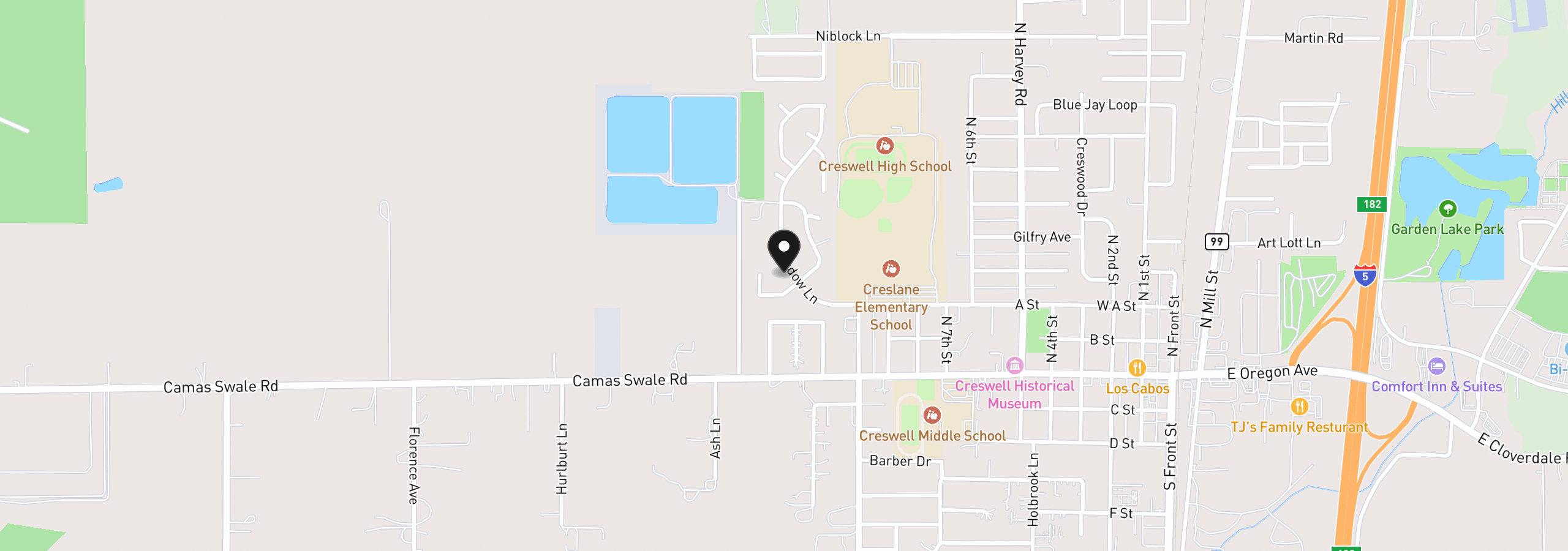 Map showing the location of 305 Meadow Ln, Creswell, OR 97426