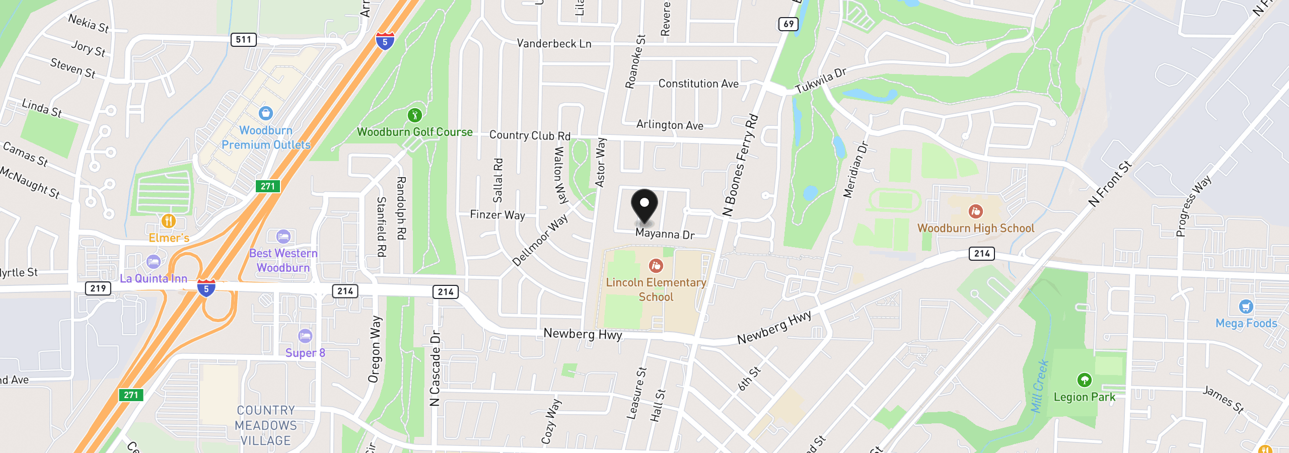 Map showing the location of 1277 Robert St, Woodburn, OR 97071