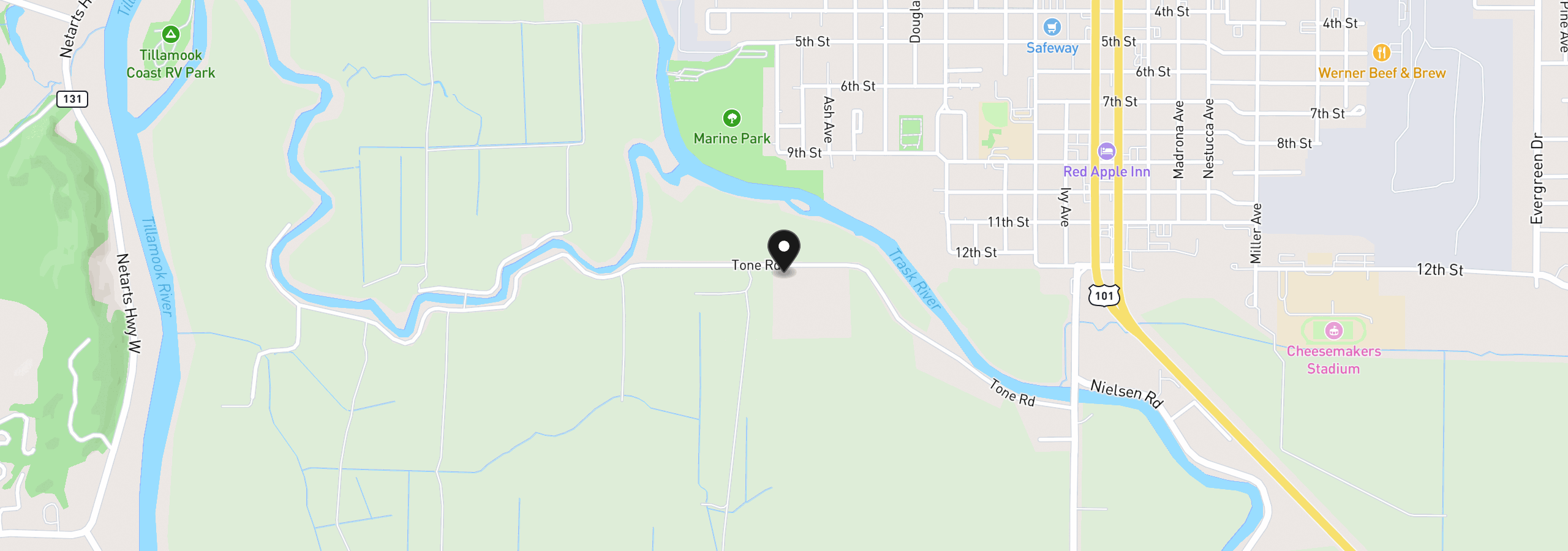 Map showing the location of 965 Tone Rd, Tillamook, OR 97141